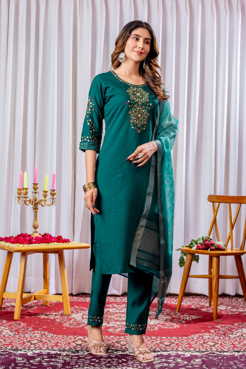 Moonpalav Bottle Green Viscose Silk Suit with Digital Print Chanderi Dupatta