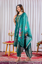 Moonpalav Bottle Green Viscose Silk Suit with Digital Print Chanderi Dupatta