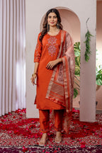 Moonpalav Rust Orange Viscose Silk Festive Suit with Digital Print Dupatta