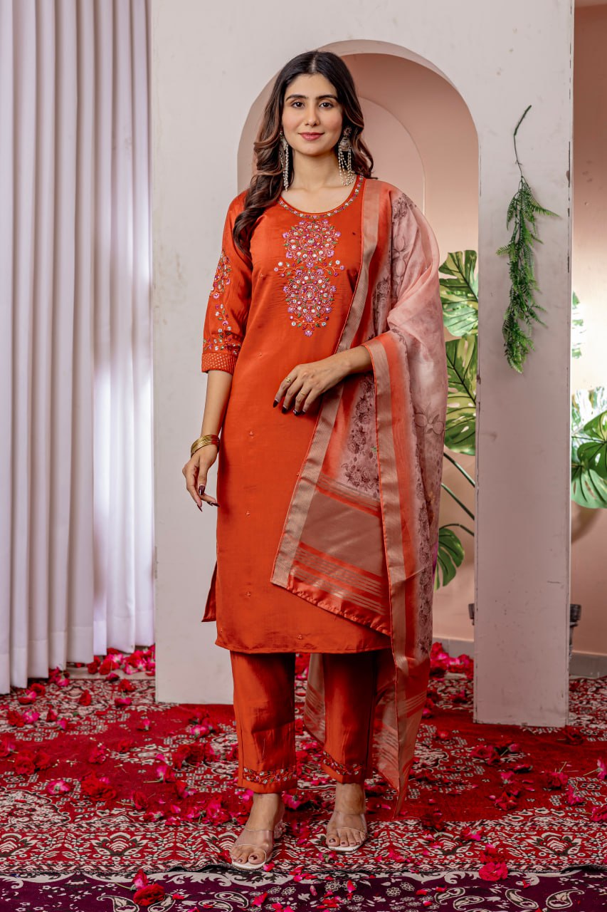 Moonpalav Rust Orange Viscose Silk Festive Suit with Digital Print Dupatta