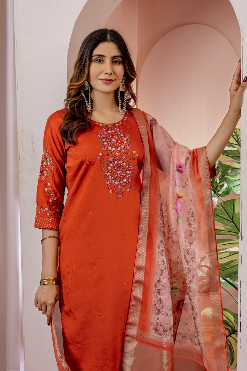 Moonpalav Rust Orange Viscose Silk Festive Suit with Digital Print Dupatta