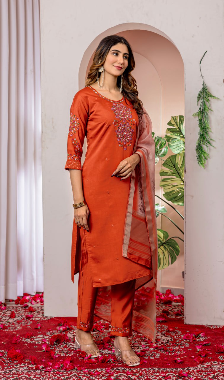 Moonpalav Rust Orange Viscose Silk Festive Suit with Digital Print Dupatta