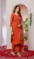 Moonpalav Rust Orange Viscose Silk Festive Suit with Digital Print Dupatta