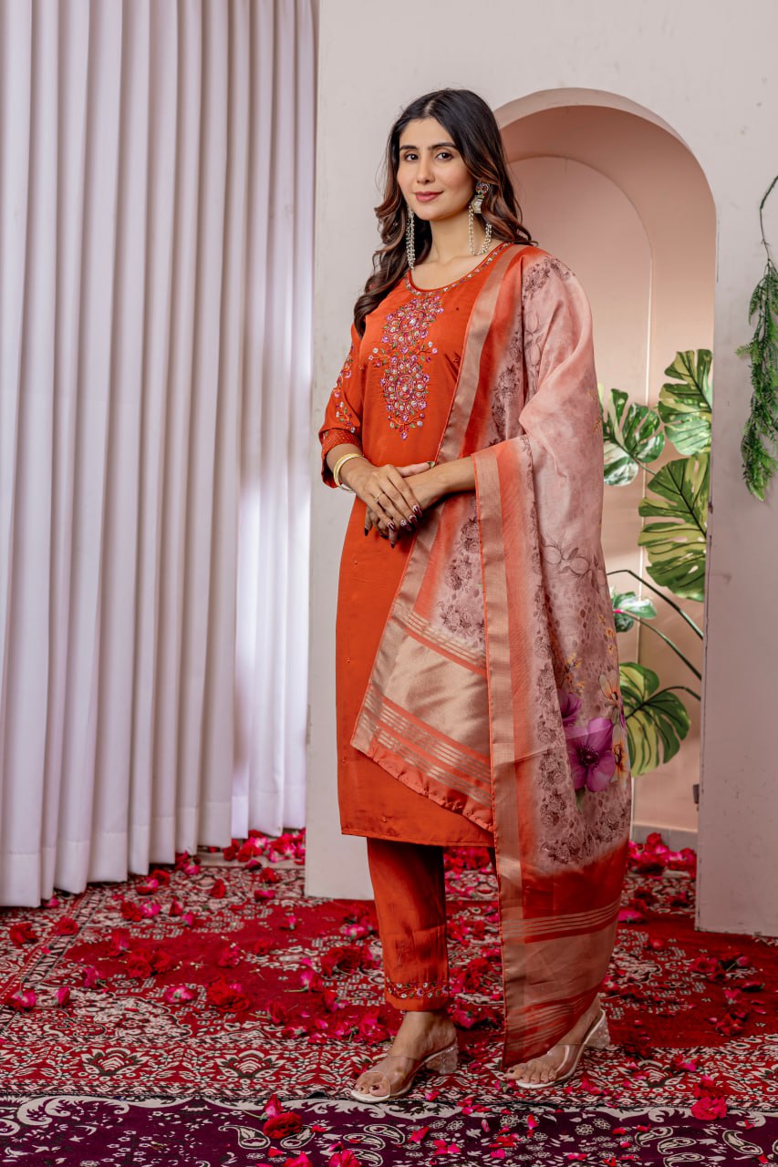 Moonpalav Rust Orange Viscose Silk Festive Suit with Digital Print Dupatta