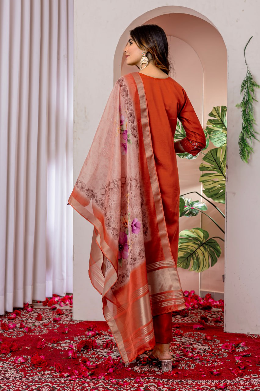 Moonpalav Rust Orange Viscose Silk Festive Suit with Digital Print Dupatta