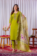 Moonpalav Lime Green Viscose Silk Luxury Suit with Digital Print Dupatta