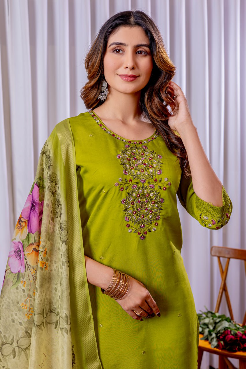 Moonpalav Lime Green Viscose Silk Luxury Suit with Digital Print Dupatta