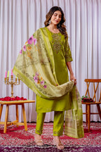 Moonpalav Lime Green Viscose Silk Luxury Suit with Digital Print Dupatta