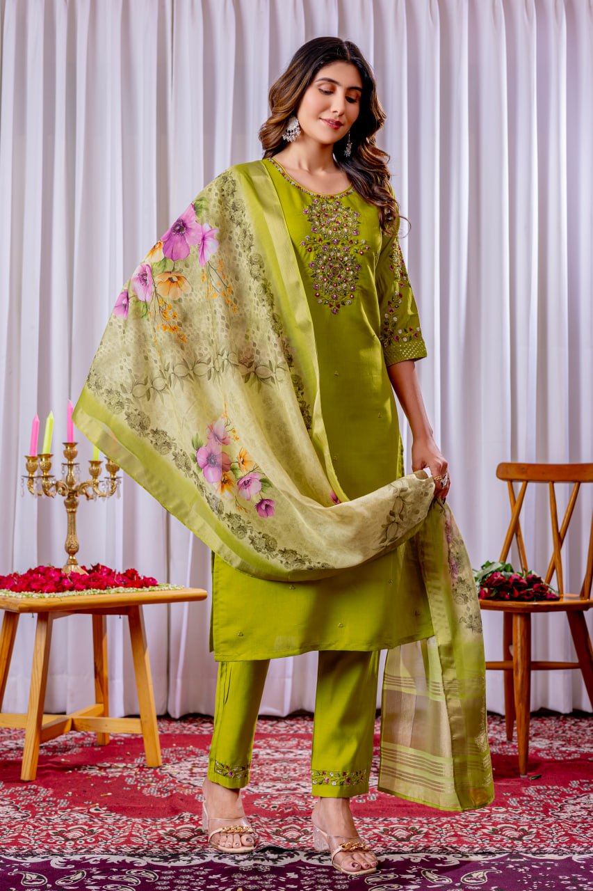 Moonpalav Lime Green Viscose Silk Luxury Suit with Digital Print Dupatta