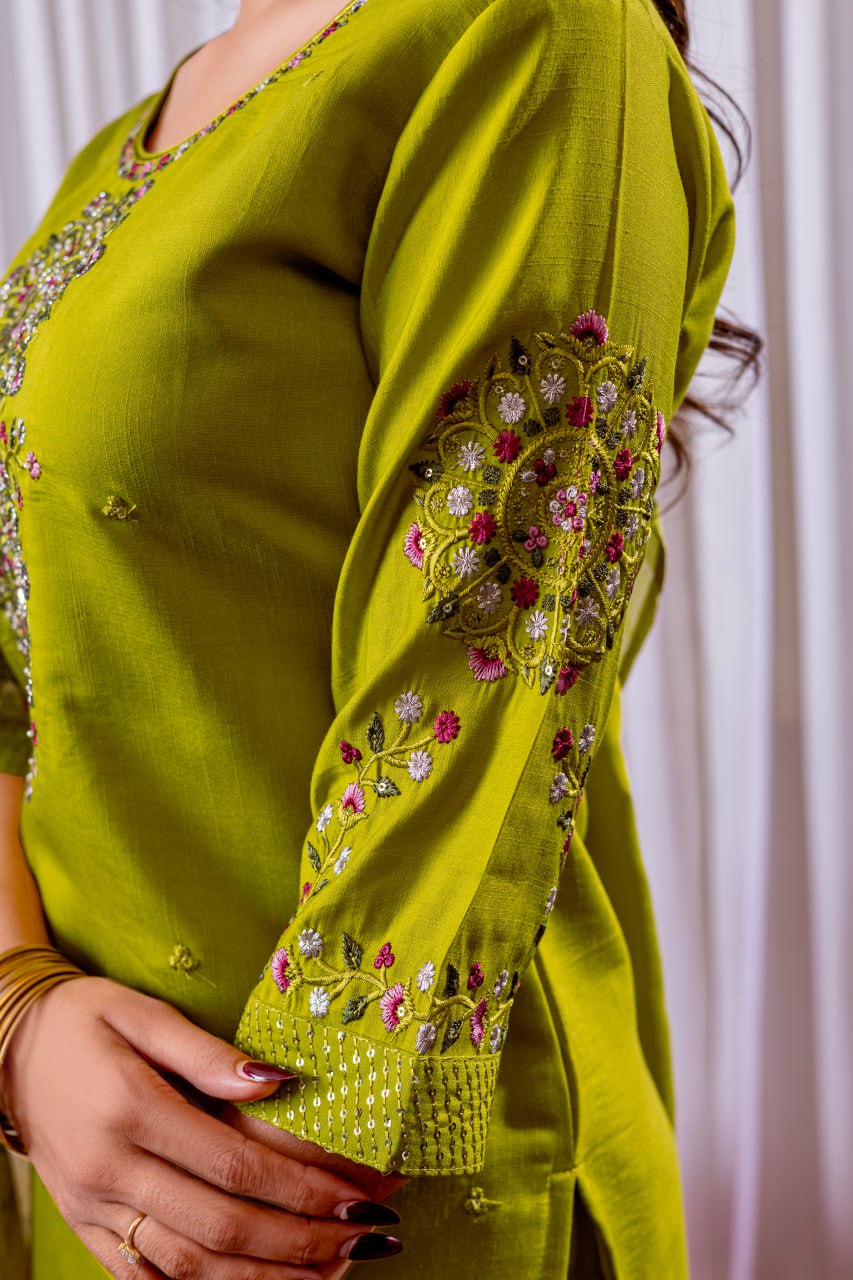 Moonpalav Lime Green Viscose Silk Luxury Suit with Digital Print Dupatta