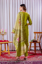 Moonpalav Lime Green Viscose Silk Luxury Suit with Digital Print Dupatta