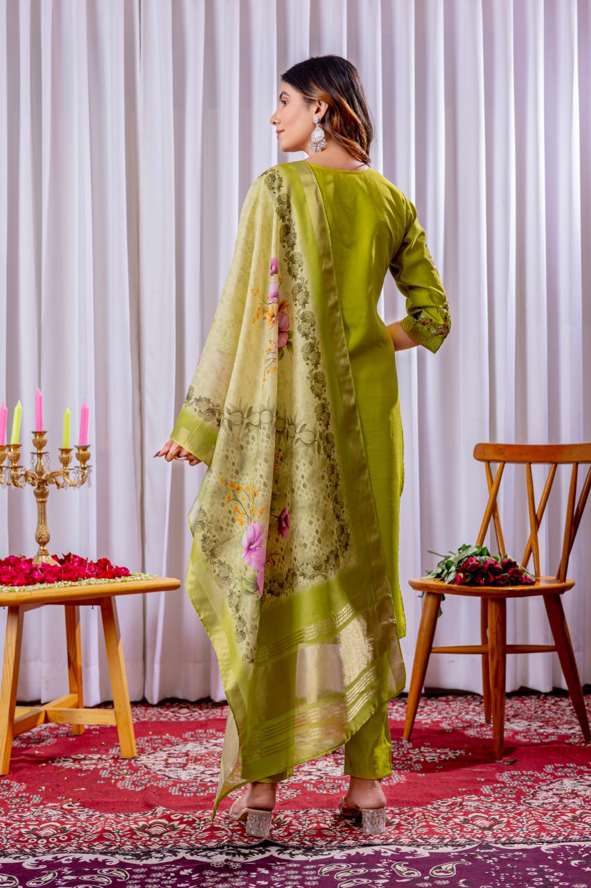 Moonpalav Lime Green Viscose Silk Luxury Suit with Digital Print Dupatta