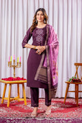 Moonpalav Wine Purple Viscose Silk Designer Suit with Digital Print Dupatta