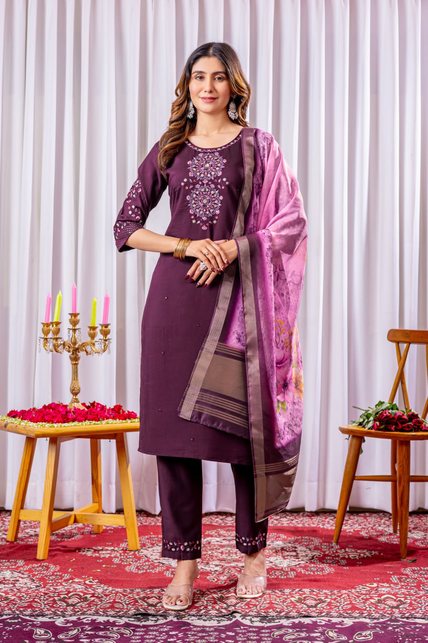 Moonpalav Wine Purple Viscose Silk Designer Suit with Digital Print Dupatta