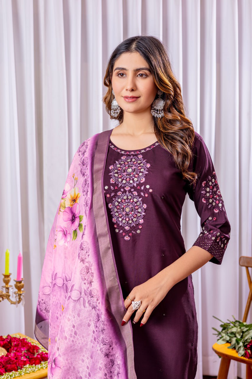Moonpalav Wine Purple Viscose Silk Designer Suit with Digital Print Dupatta