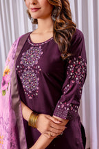 Moonpalav Wine Purple Viscose Silk Designer Suit with Digital Print Dupatta