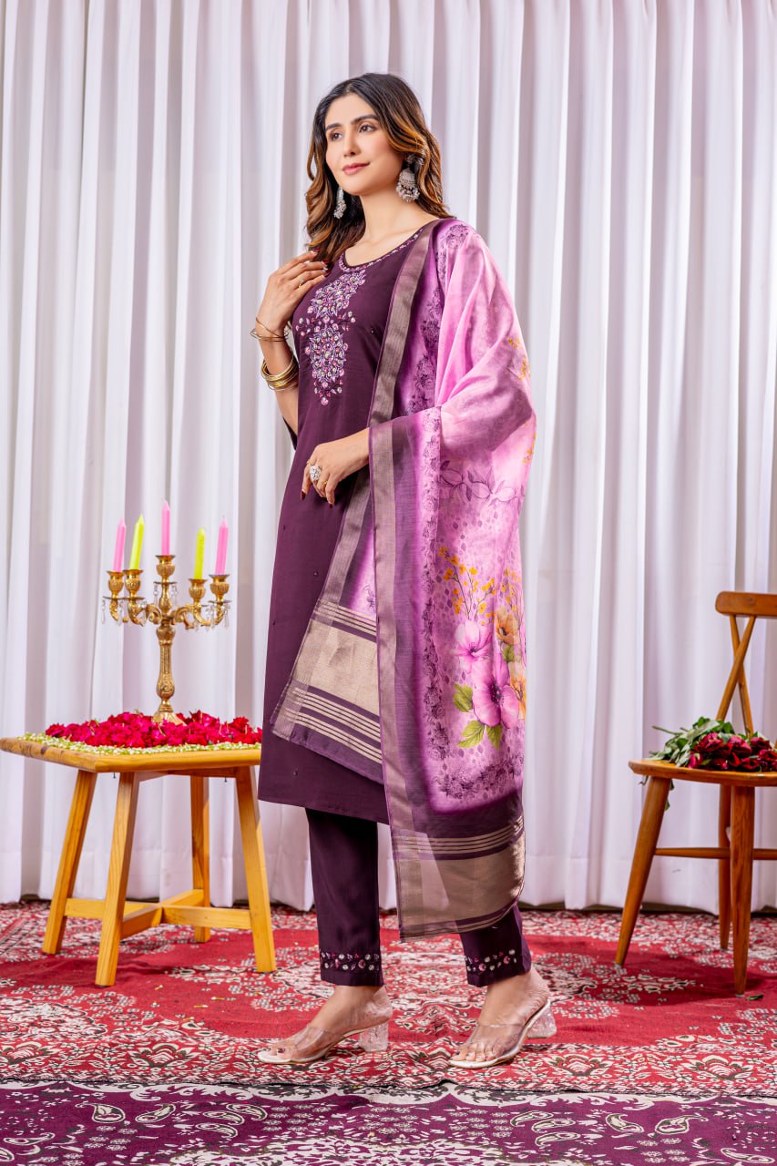 Moonpalav Wine Purple Viscose Silk Designer Suit with Digital Print Dupatta