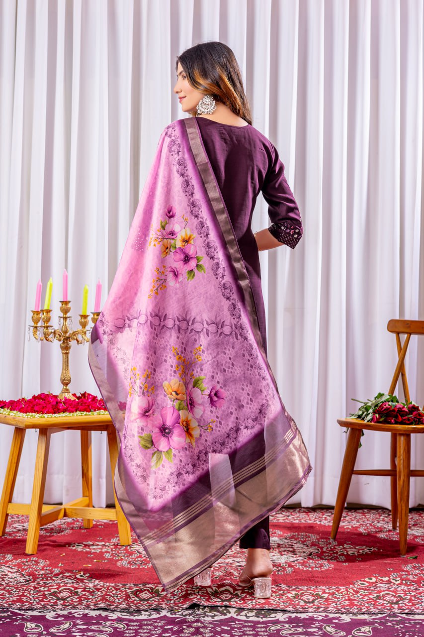 Moonpalav Wine Purple Viscose Silk Designer Suit with Digital Print Dupatta