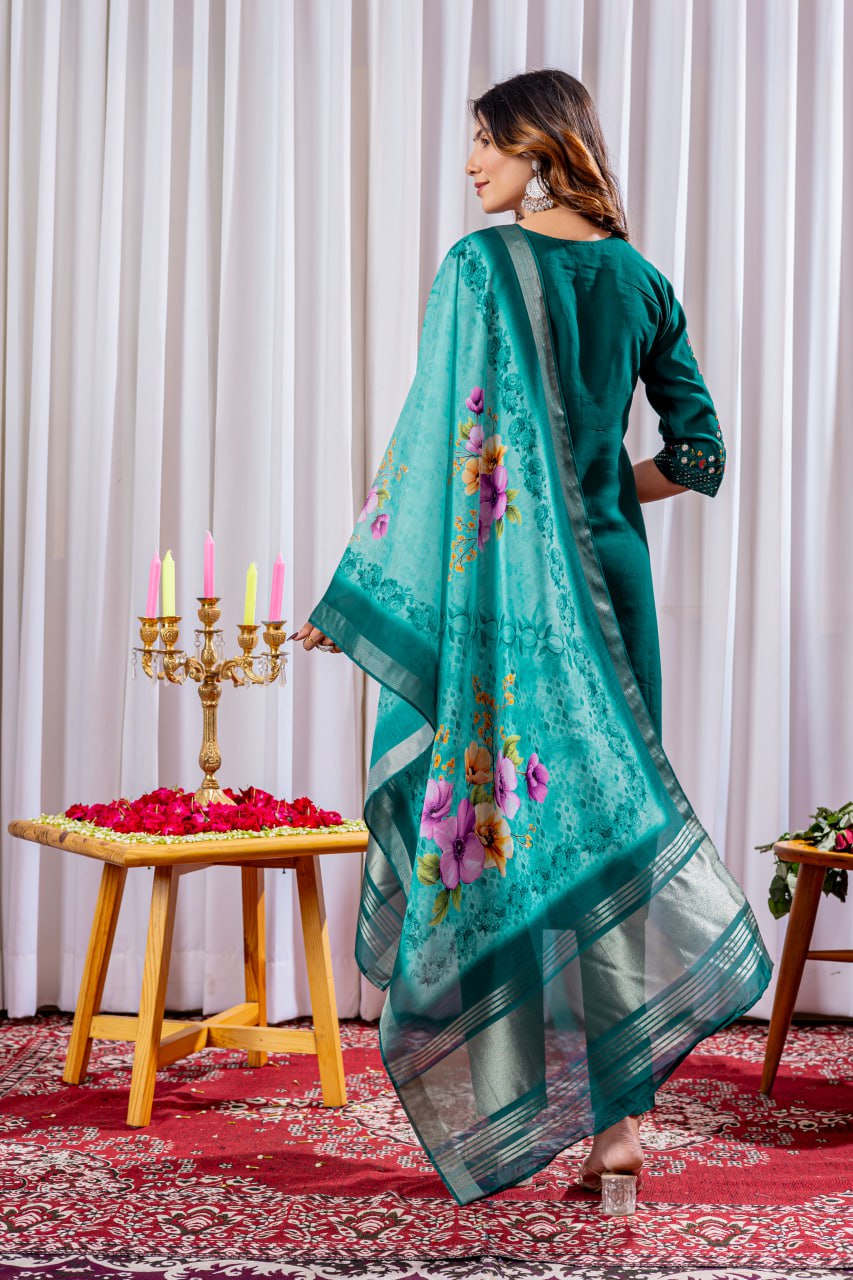 Moonpalav Bottle Green Viscose Silk Suit with Digital Print Chanderi Dupatta