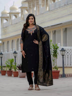 Moonpalav Midnight Black Roman Silk Sequinned Kurta Set with Jacquard Dupatta