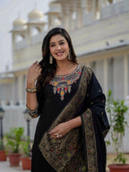 Moonpalav Midnight Black Roman Silk Sequinned Kurta Set with Jacquard Dupatta