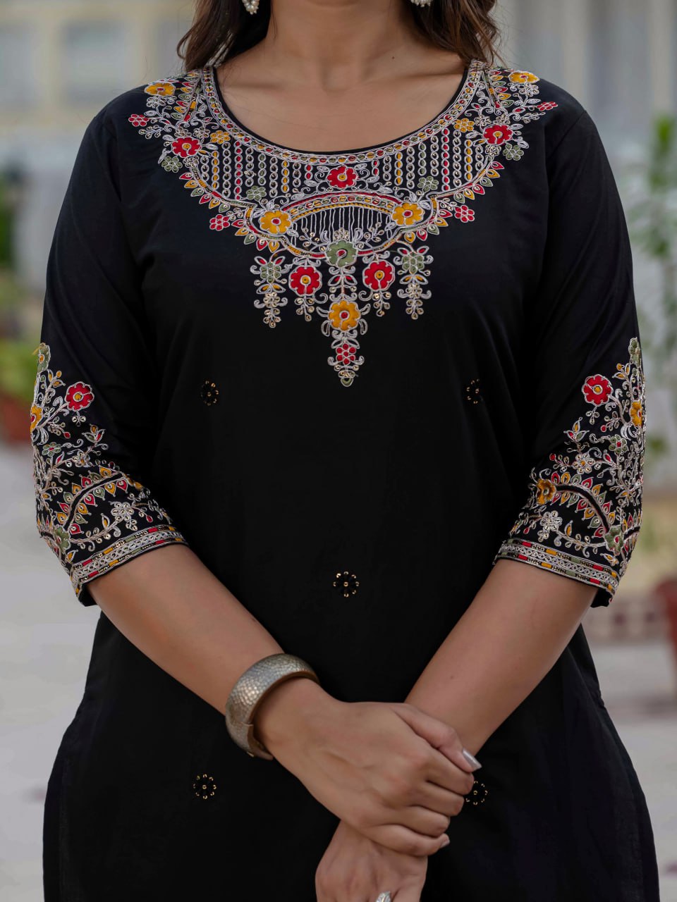 Moonpalav Midnight Black Roman Silk Sequinned Kurta Set with Jacquard Dupatta