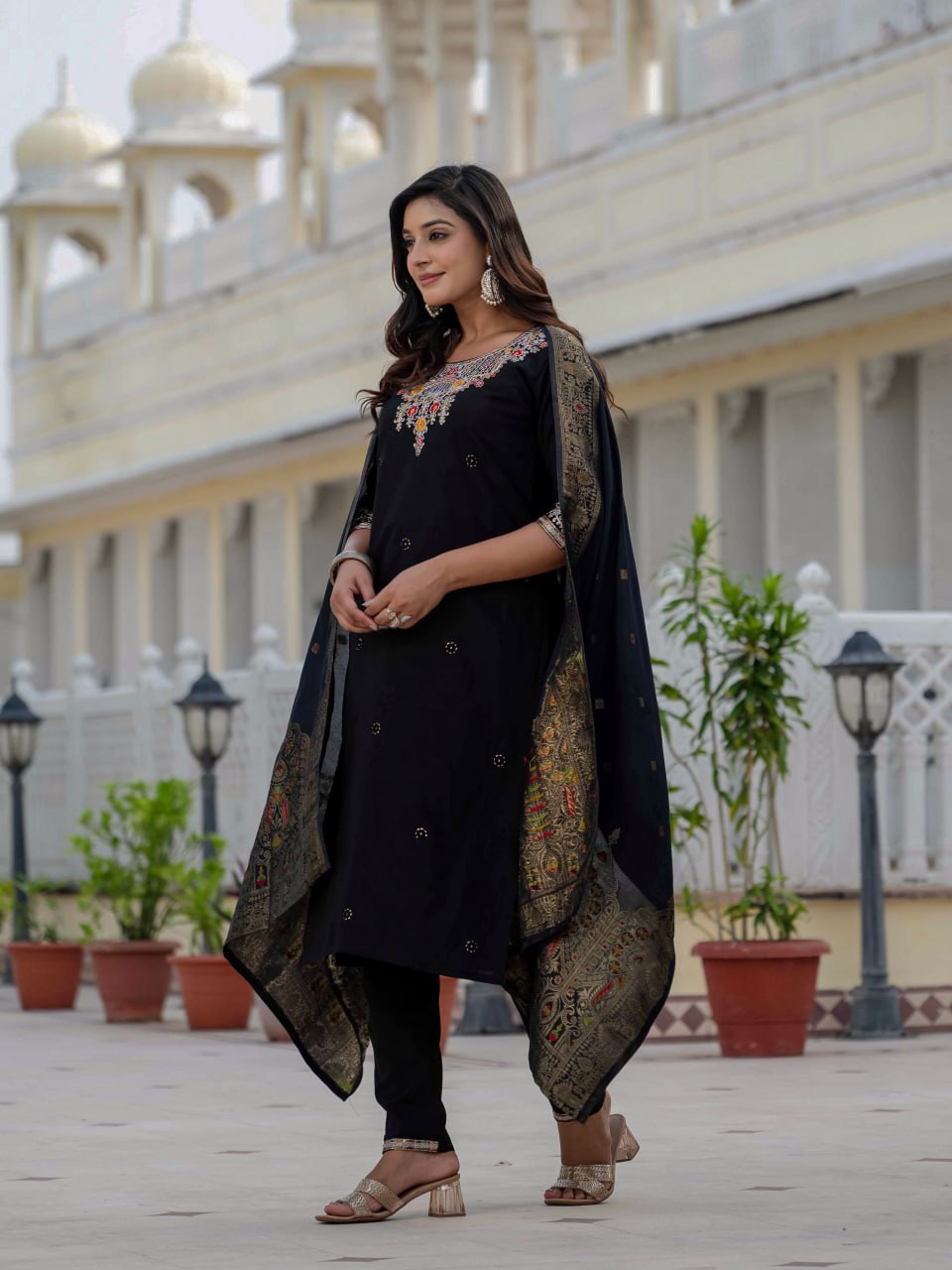 Moonpalav Midnight Black Roman Silk Sequinned Kurta Set with Jacquard Dupatta