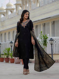 Moonpalav Midnight Black Roman Silk Sequinned Kurta Set with Jacquard Dupatta