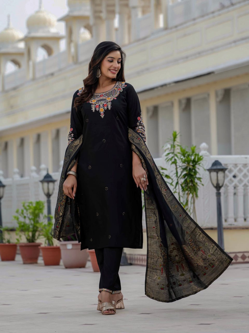 Moonpalav Midnight Black Roman Silk Sequinned Kurta Set with Jacquard Dupatta