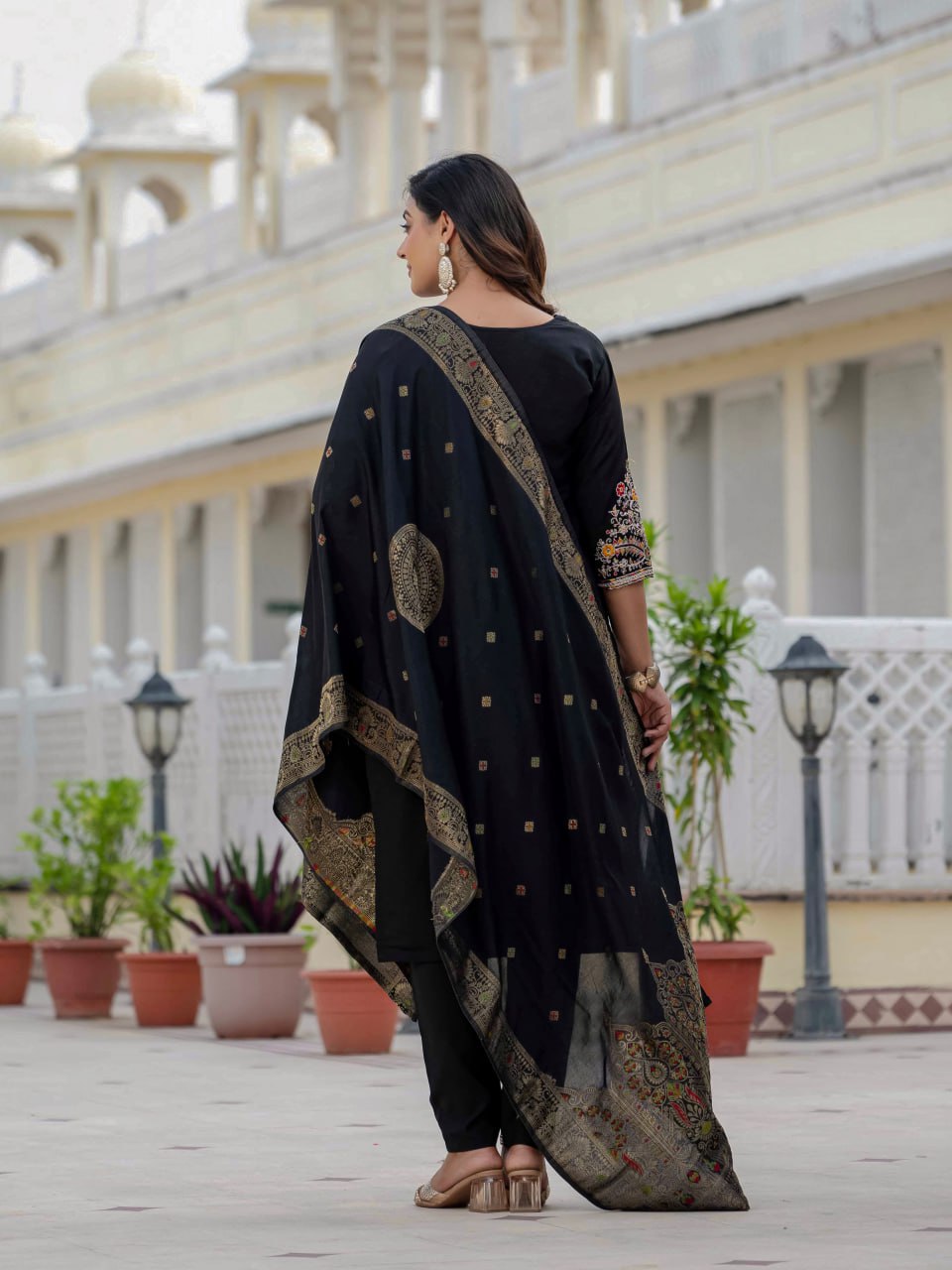 Moonpalav Midnight Black Roman Silk Sequinned Kurta Set with Jacquard Dupatta