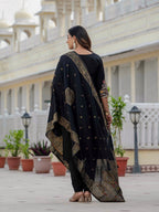 Moonpalav Midnight Black Roman Silk Sequinned Kurta Set with Jacquard Dupatta