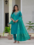 Moonpalav Teal Roman Silk Sequinned Kurta Set with Jacquard Dupatta