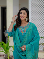 Moonpalav Teal Roman Silk Sequinned Kurta Set with Jacquard Dupatta