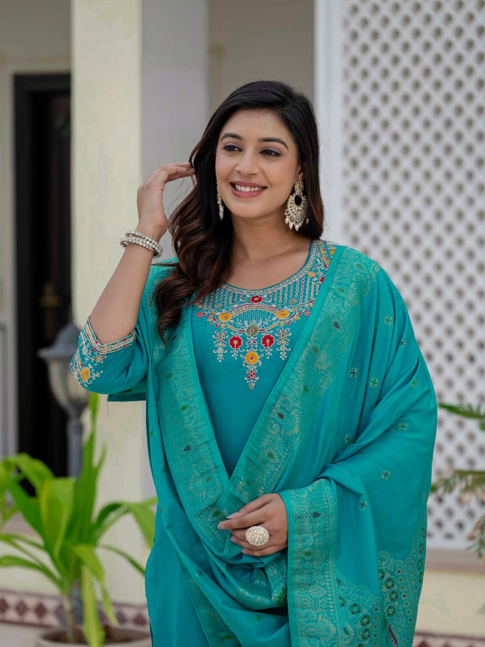 Moonpalav Teal Roman Silk Sequinned Kurta Set with Jacquard Dupatta