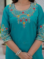 Moonpalav Teal Roman Silk Sequinned Kurta Set with Jacquard Dupatta