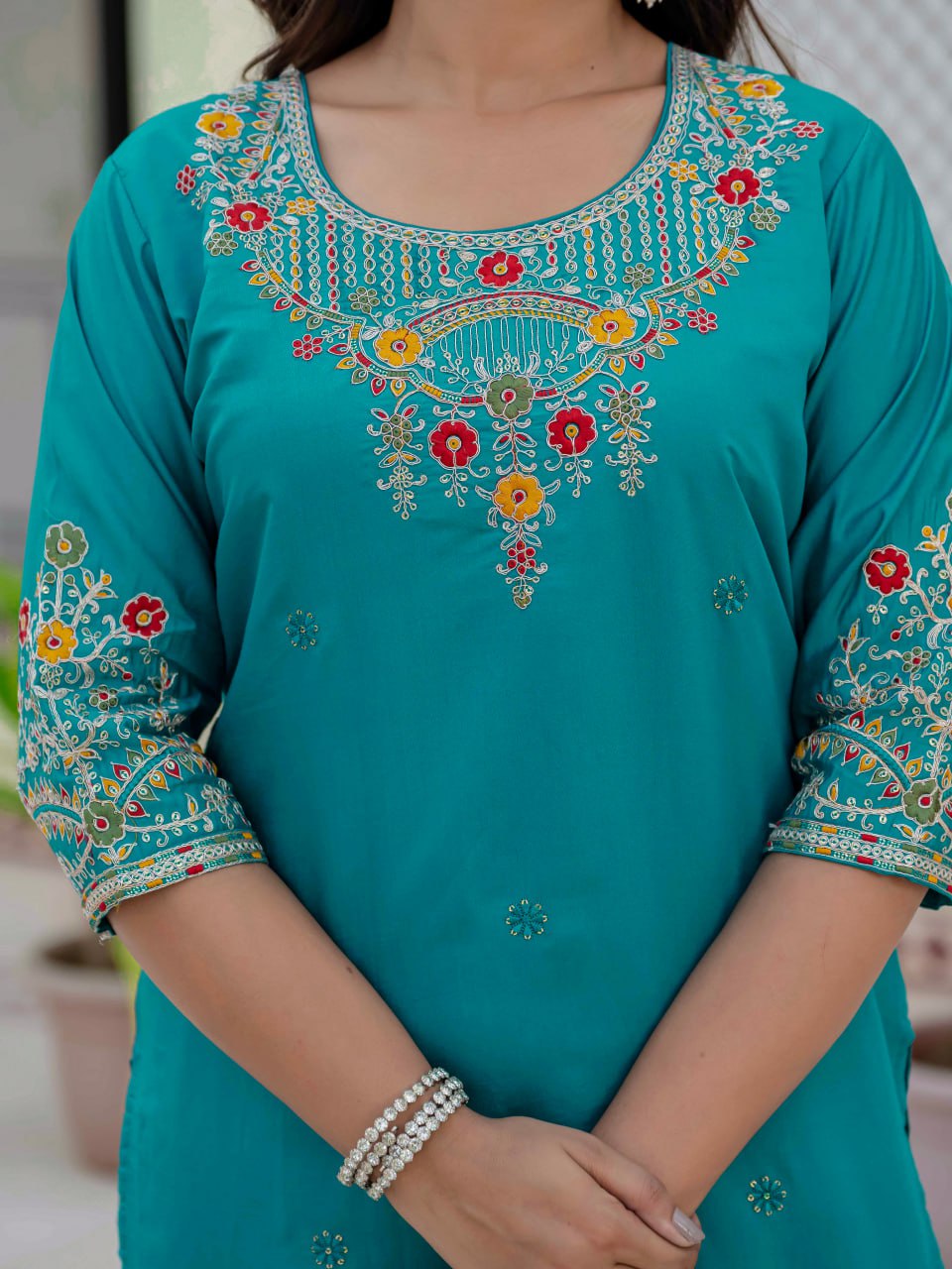 Moonpalav Teal Roman Silk Sequinned Kurta Set with Jacquard Dupatta