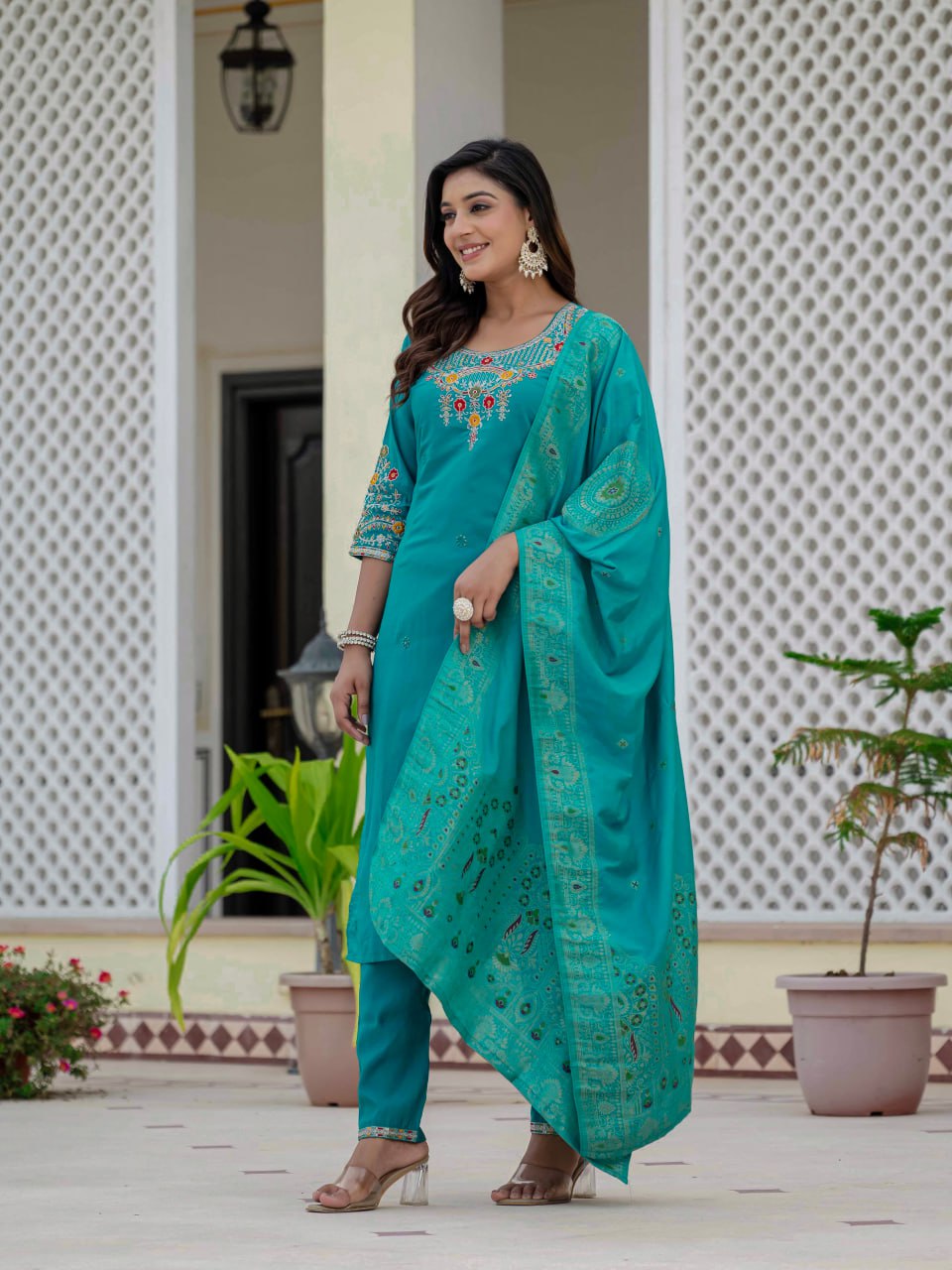 Moonpalav Teal Roman Silk Sequinned Kurta Set with Jacquard Dupatta