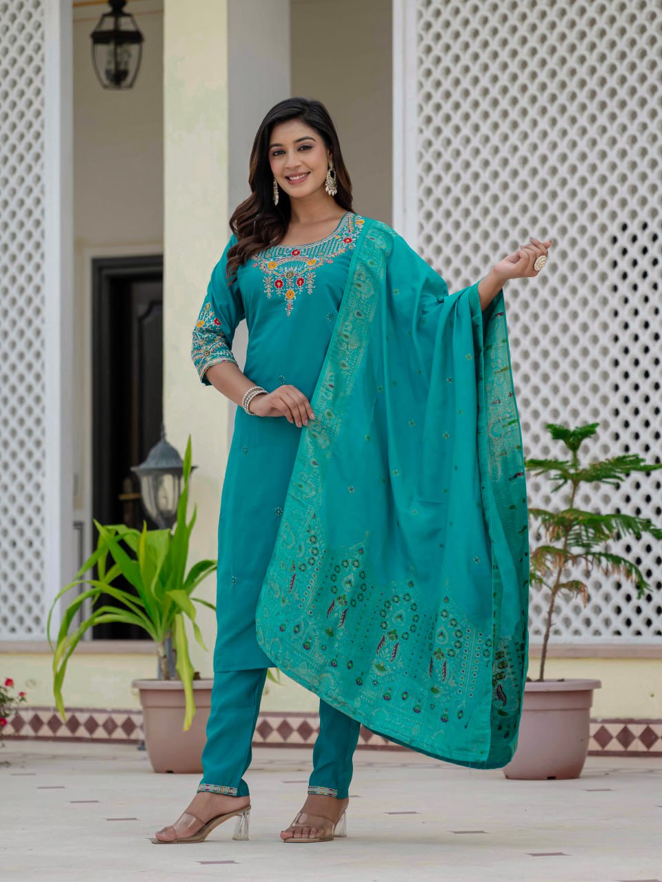 Moonpalav Teal Roman Silk Sequinned Kurta Set with Jacquard Dupatta