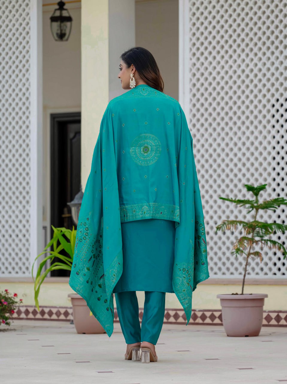 Moonpalav Teal Roman Silk Sequinned Kurta Set with Jacquard Dupatta