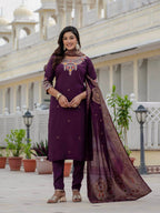 Moonpalav Rich Wine Roman Silk Kurta Set with Jacquard Meena Dupatta