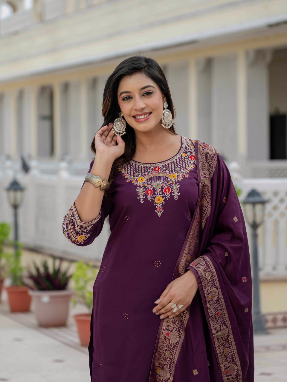 Moonpalav Rich Wine Roman Silk Kurta Set with Jacquard Meena Dupatta