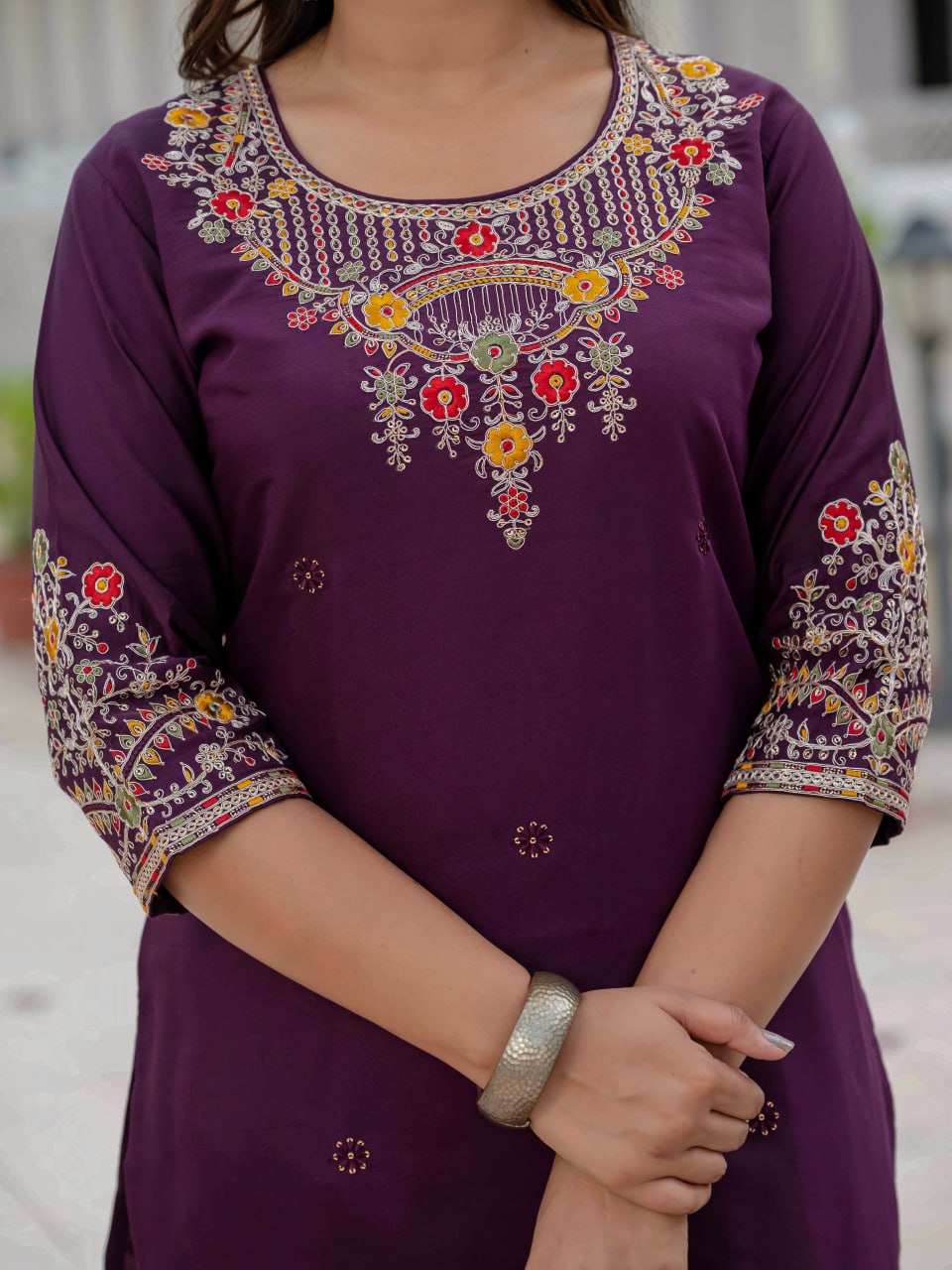 Moonpalav Rich Wine Roman Silk Kurta Set with Jacquard Meena Dupatta