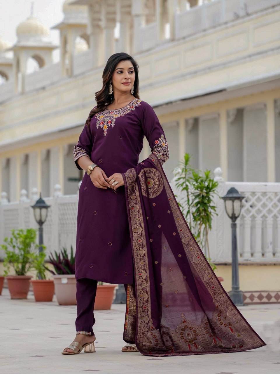 Moonpalav Rich Wine Roman Silk Kurta Set with Jacquard Meena Dupatta