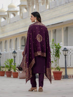 Moonpalav Rich Wine Roman Silk Kurta Set with Jacquard Meena Dupatta