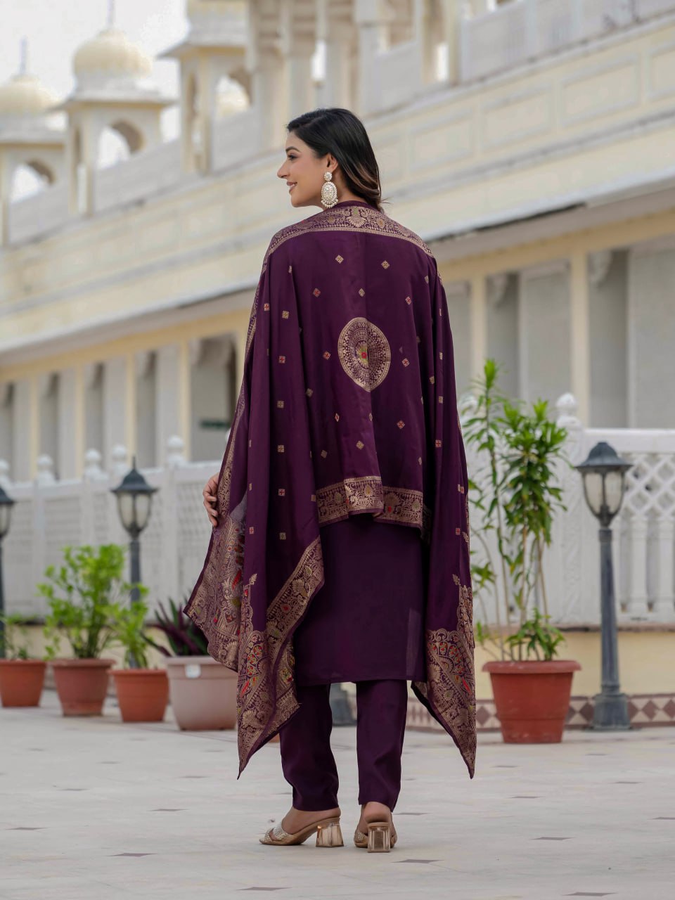 Moonpalav Rich Wine Roman Silk Kurta Set with Jacquard Meena Dupatta