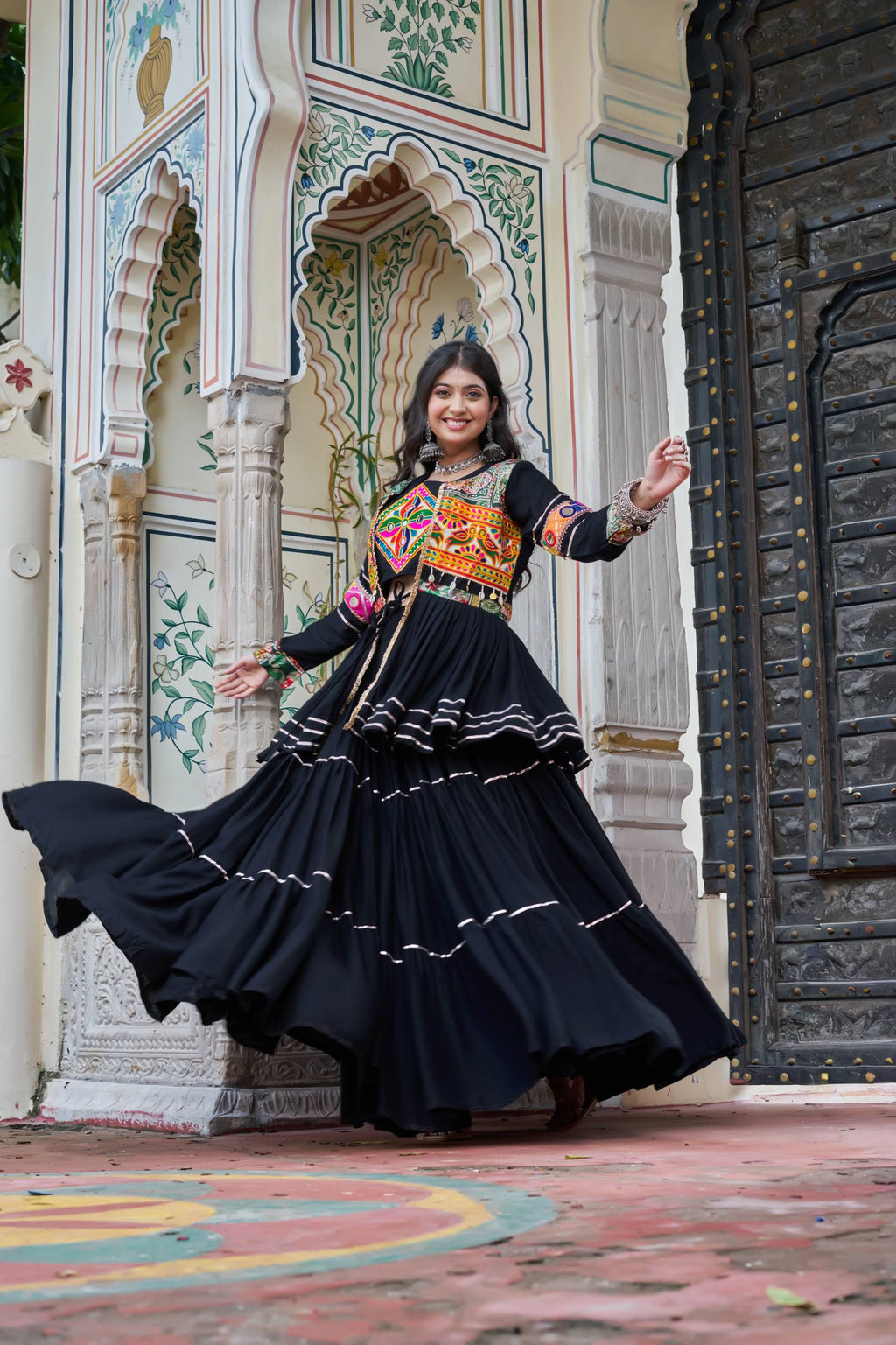 Pure Cotton Black Navratri Lehenga Choli with Gamthi Work Koti & 9 Meter Flair