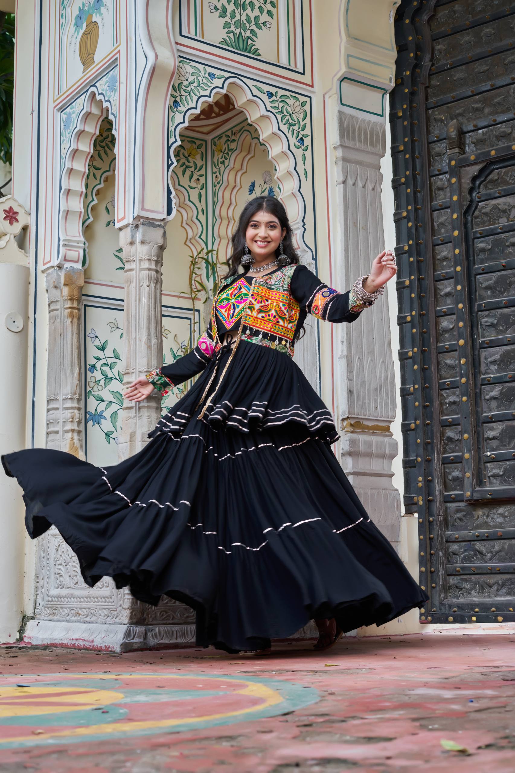Pure Cotton Black Navratri Lehenga Choli with Gamthi Work Koti & 9 Meter Flair