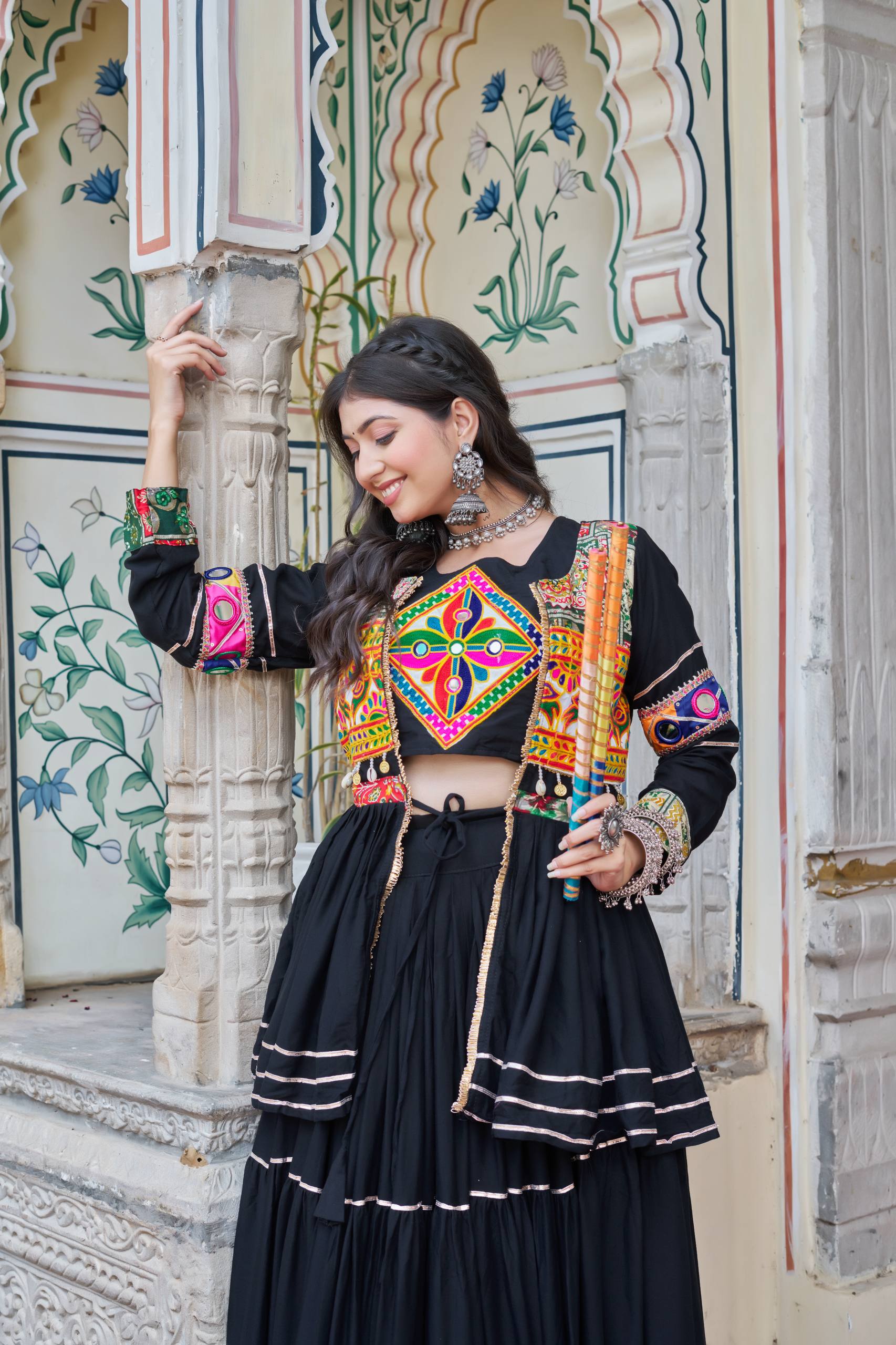 Pure Cotton Black Navratri Lehenga Choli with Gamthi Work Koti & 9 Meter Flair