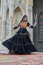 Pure Cotton Black Navratri Lehenga Choli with Gamthi Work Koti & 9 Meter Flair