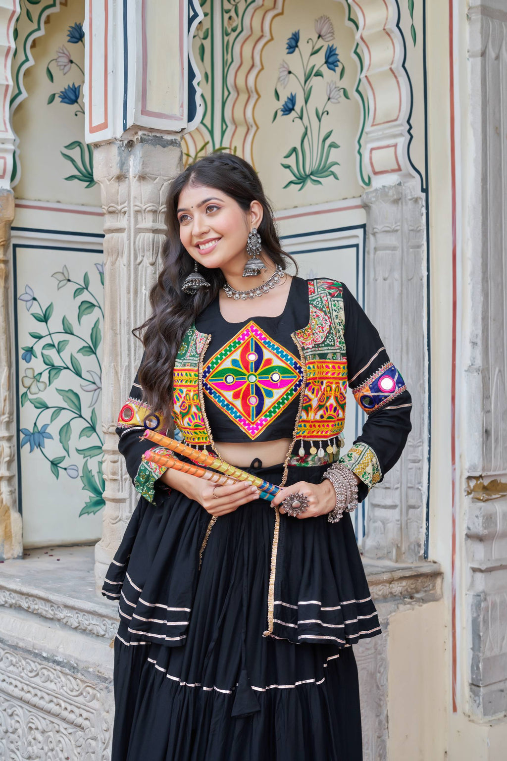 Pure Cotton Black Navratri Lehenga Choli with Gamthi Work Koti & 9 Meter Flair
